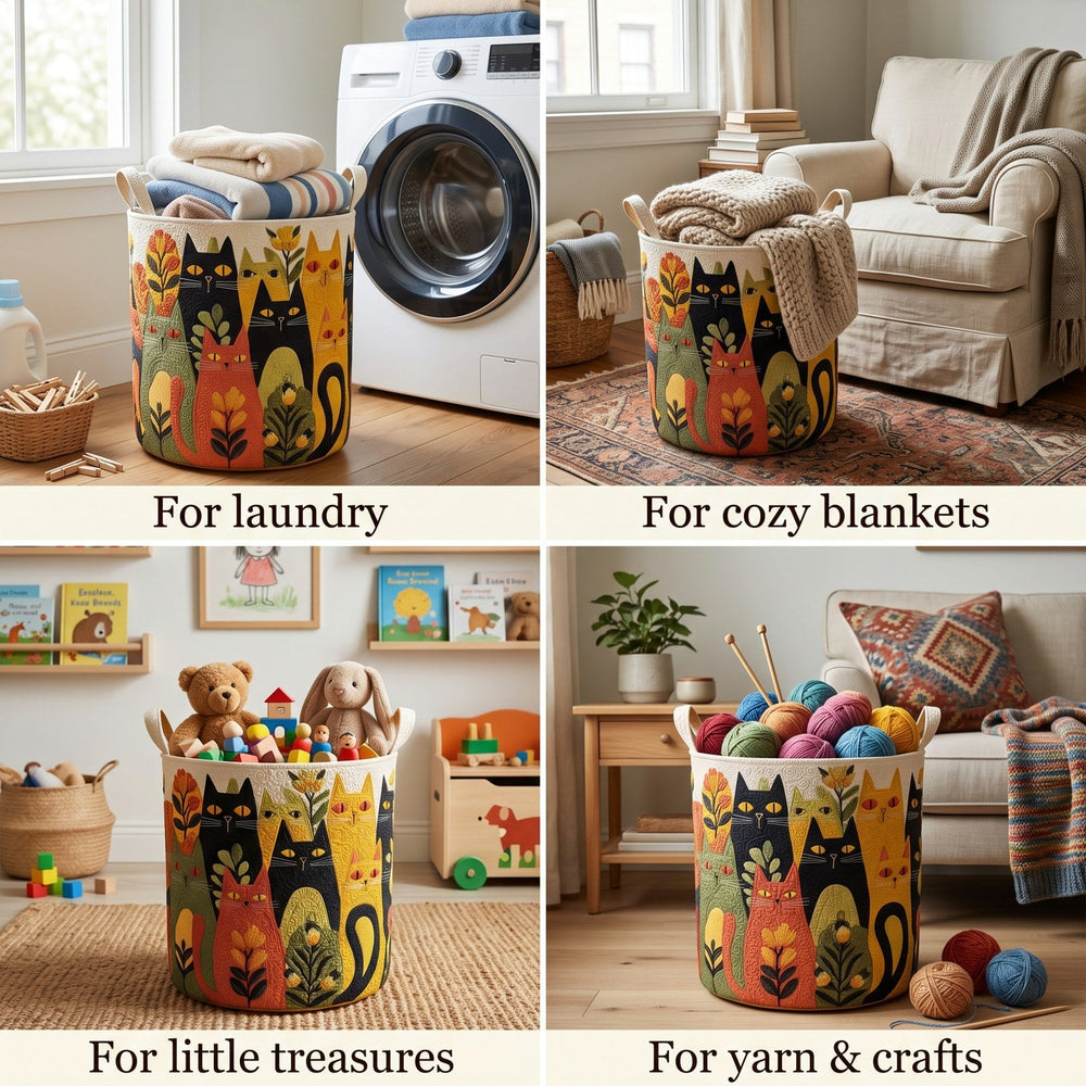Quilted fabric laundry basket with canvas handles in a detail view showing the graphic-print pattern.