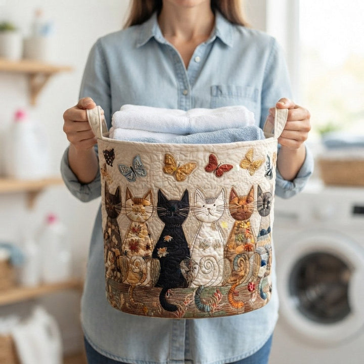 Quilted fabric laundry basket with cat and butterfly graphic-print, another view.