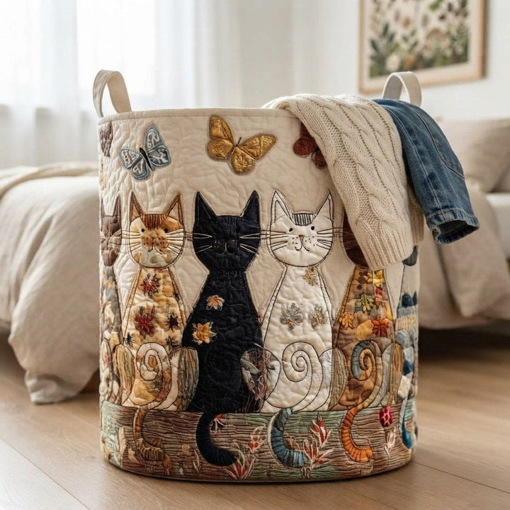 Quilted fabric laundry basket with cat and butterfly graphic-print, another view.