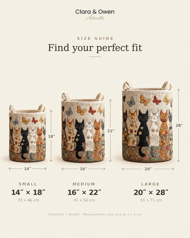 Quilted fabric laundry basket size guide showing small, medium and large.