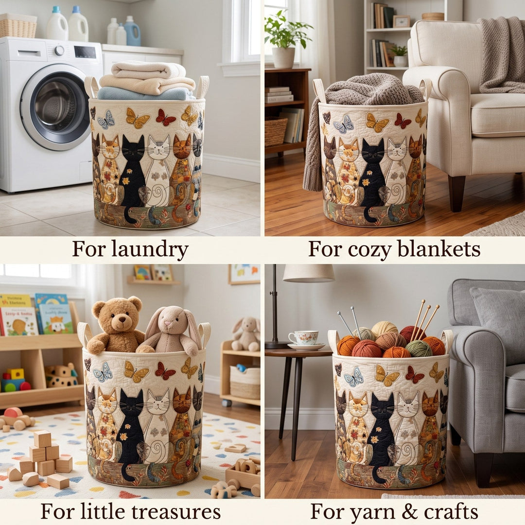 Quilted fabric laundry basket with cat and butterfly graphic-print, another view.
