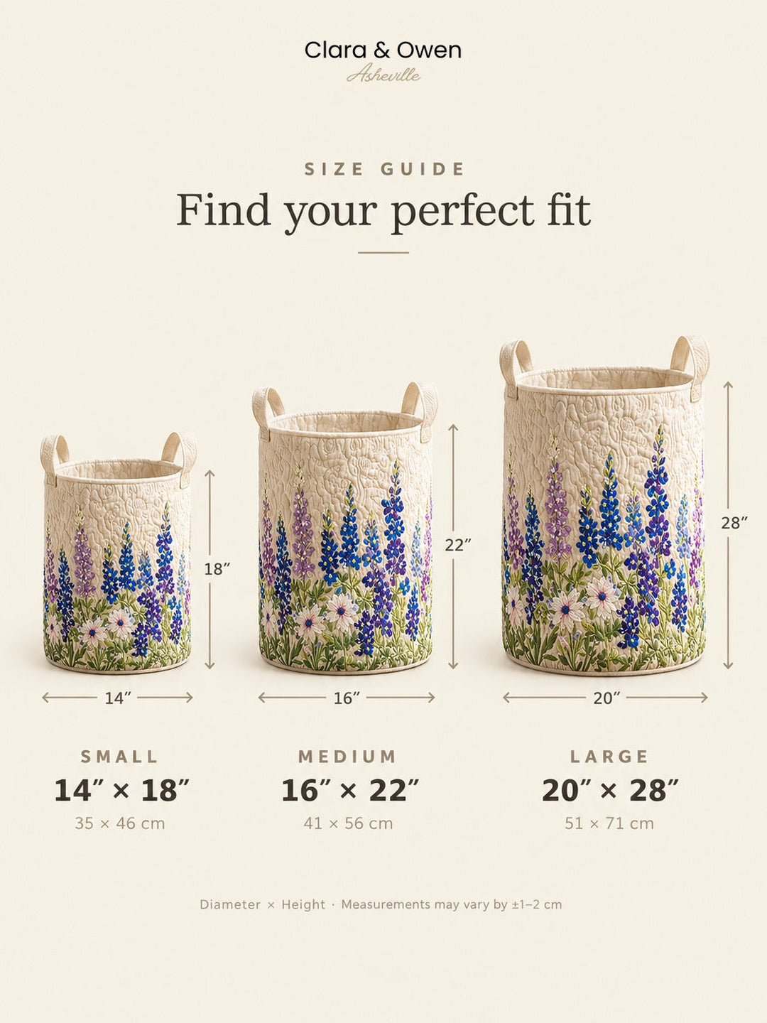 Size guide graphic showing small, medium and large quilted baskets with measurements.