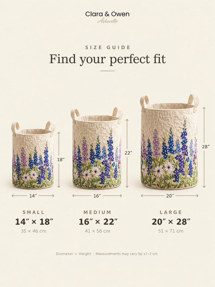 Size guide graphic showing small, medium and large quilted baskets with measurements.