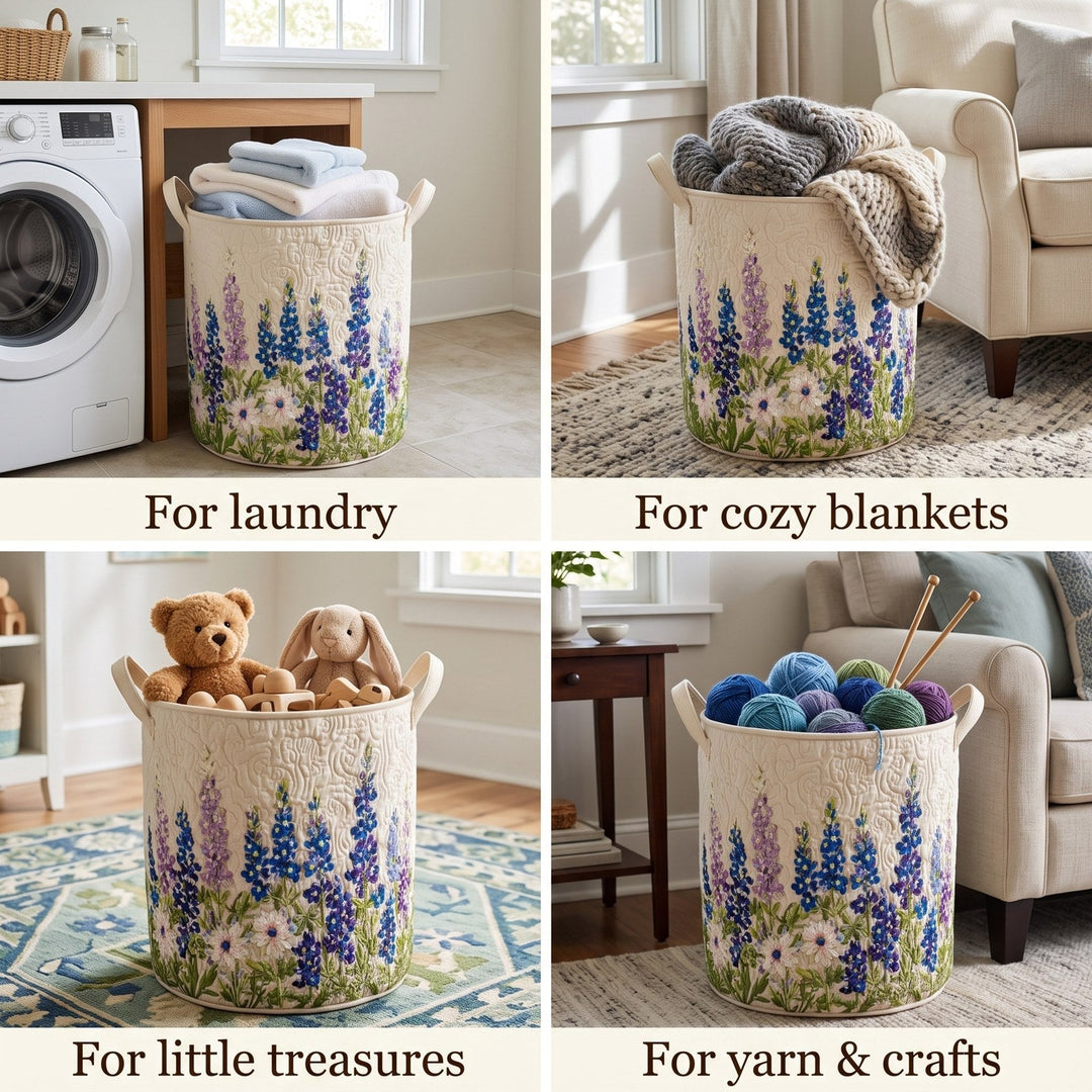 Another view of the quilted laundry basket used for laundry, blankets, toys, and yarn.