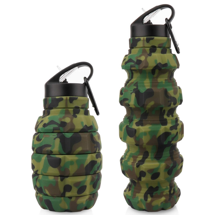 Collapsible Travel Water Bottle - 575 ML Reusable Silicone-Army Green Camouflage-Nora Luxe