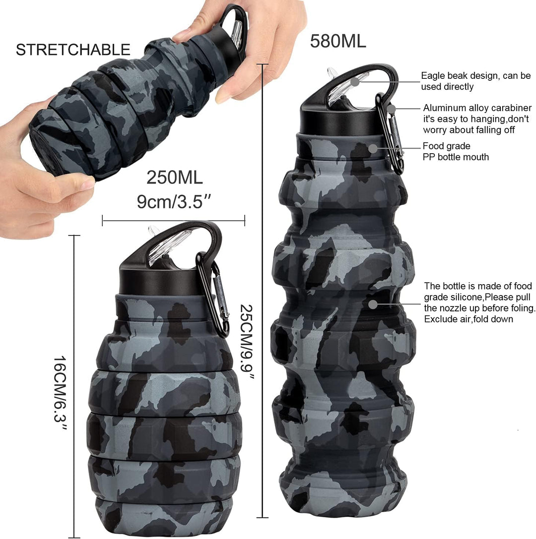 Collapsible Travel Water Bottle - 575 ML Reusable Silicone-Army Green Camouflage-Nora Luxe