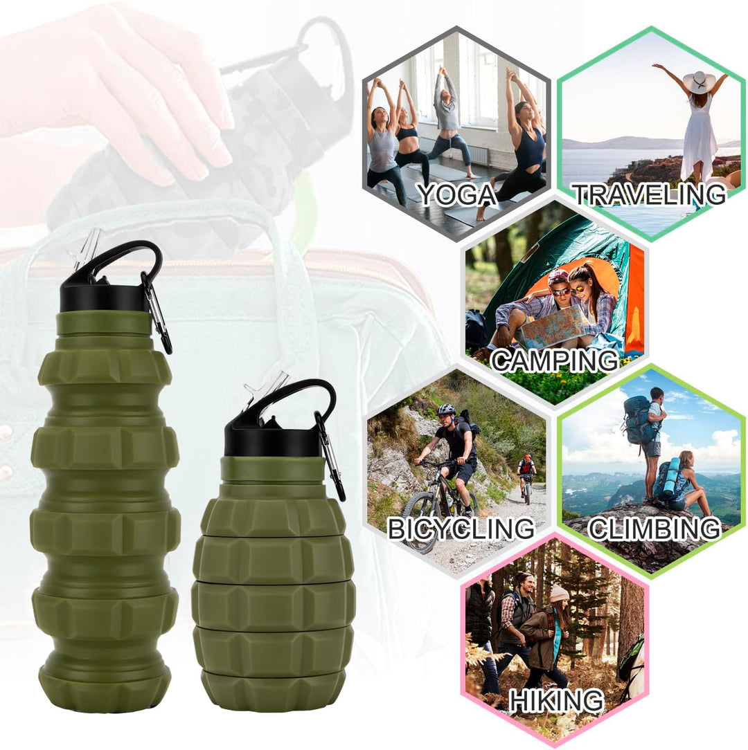 Collapsible Travel Water Bottle - 575 ML Reusable Silicone-Army Green Camouflage-Nora Luxe