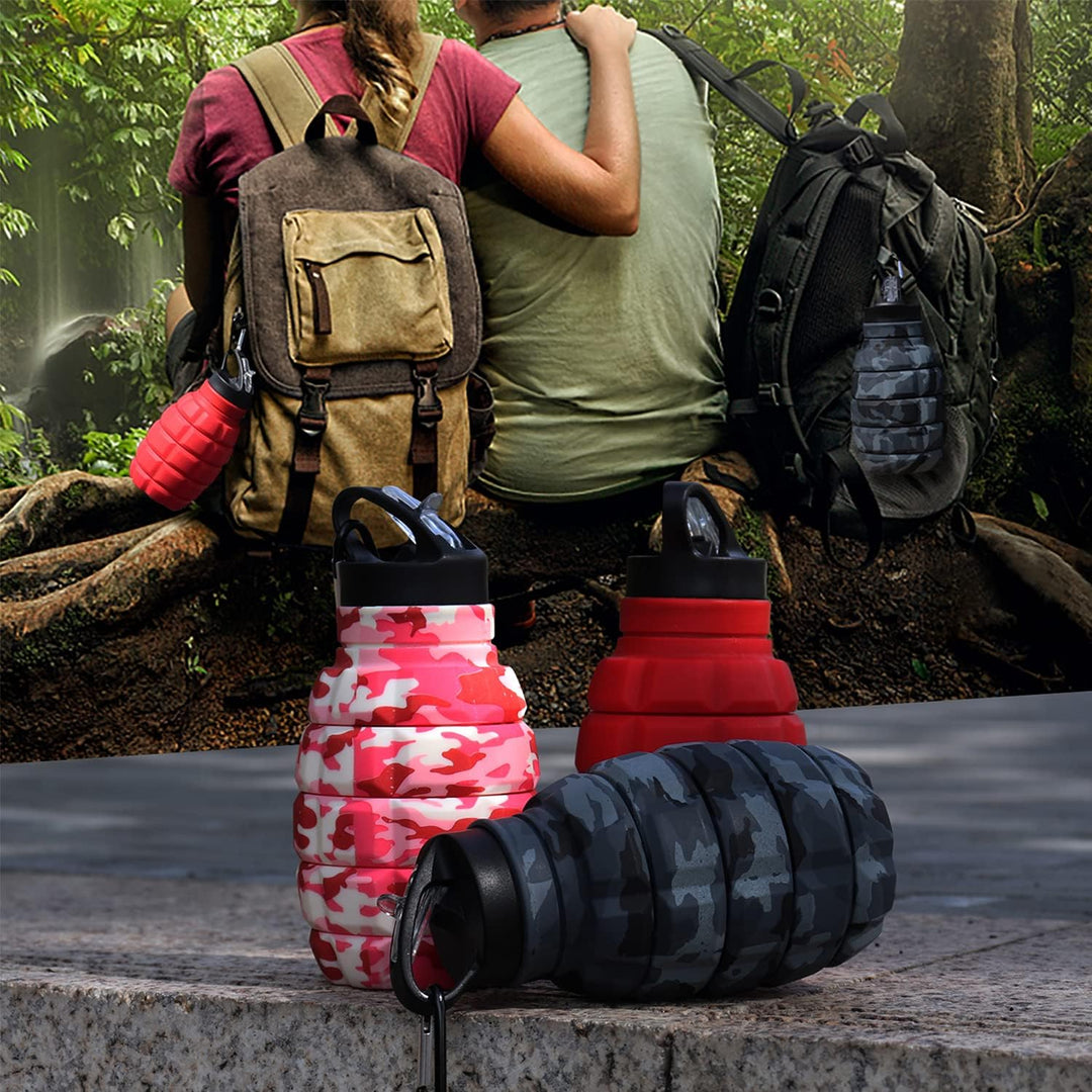 Collapsible Travel Water Bottle - 575 ML Reusable Silicone-Army Green Camouflage-Nora Luxe