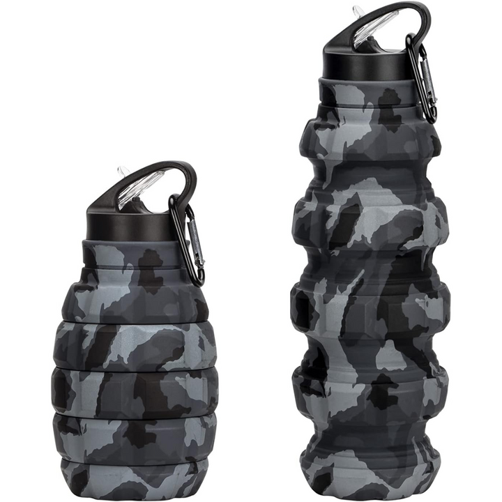 Collapsible Travel Water Bottle - 575 ML Reusable Silicone-Dark Gray Camouflage Cup-Nora Luxe