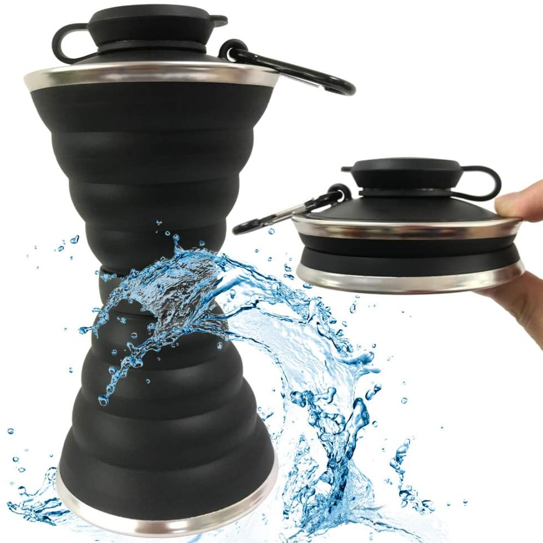 Collapsible Water Bottle with Carabiner-Black-Nora Luxe