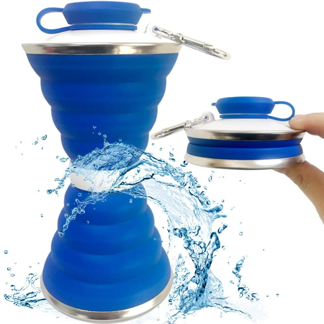 Collapsible Water Bottle with Carabiner-Blue-Nora Luxe