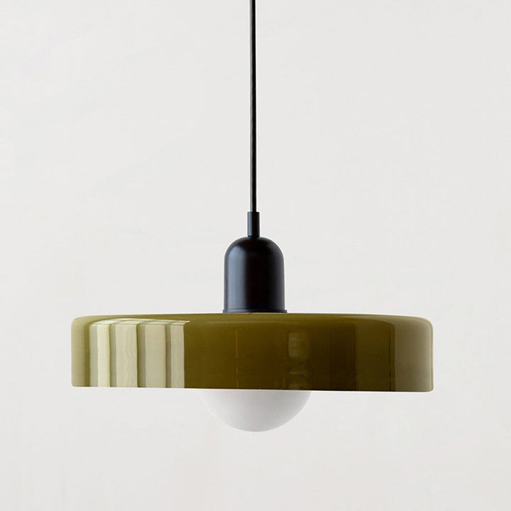 Larger olive glass disc pendant with a black cap and white globe bulb, front view 11