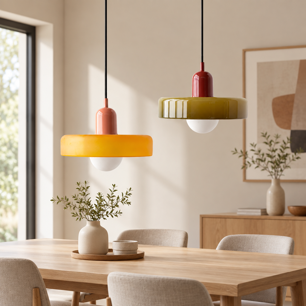 Two pendants over a wooden dining table: orange shade with coral cap, olive shade with red cap 58