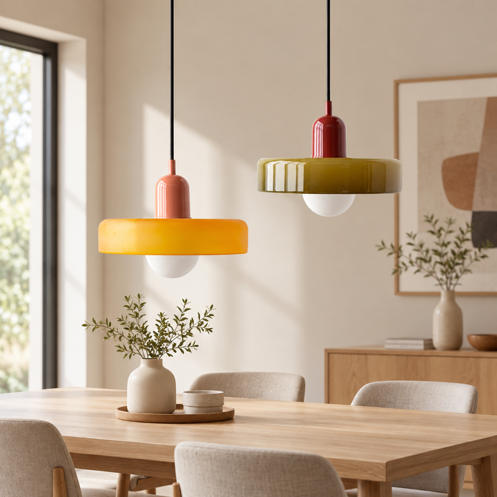 Two pendants over a wooden dining table: orange shade with coral cap, olive shade with red cap 58