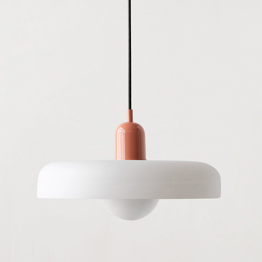 White disc-shaped pendant with a coral dome cap and round frosted bulb below 41