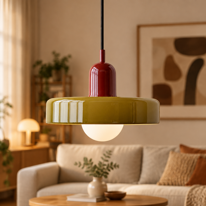 Close view of lit olive green pendant with red cap above a living room sofa 59