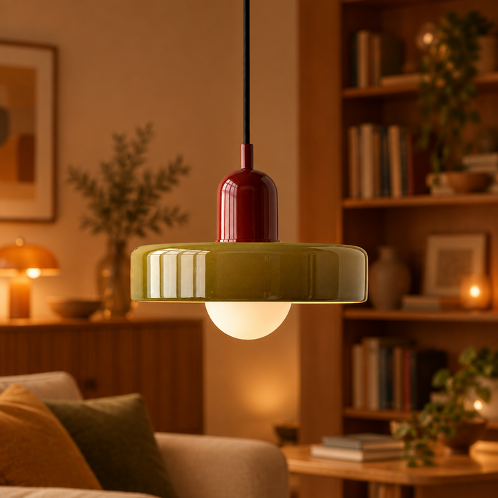 Lit olive green pendant with red cap glowing warmly in a living room with bookshelves 60