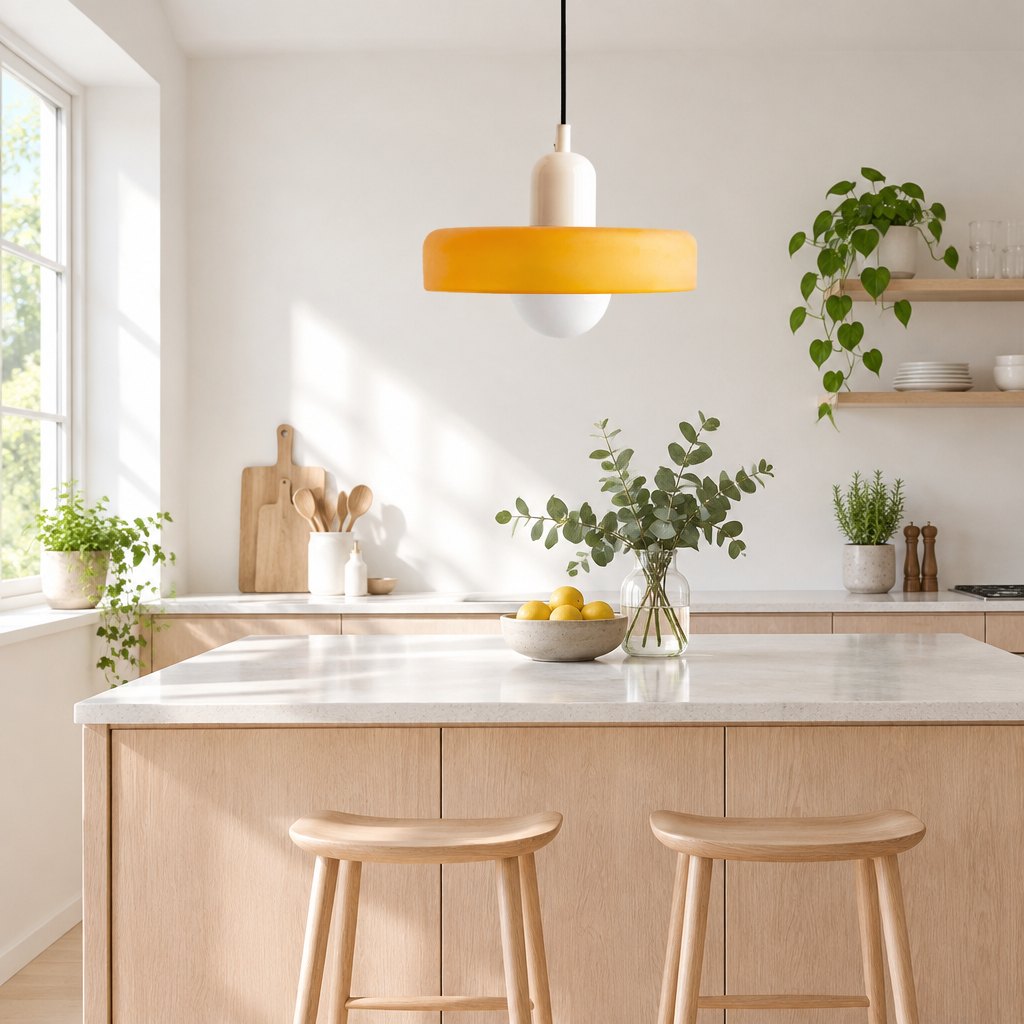 Amber-yellow pendant with cream cap and white globe bulb hanging over a bright kitchen island 1