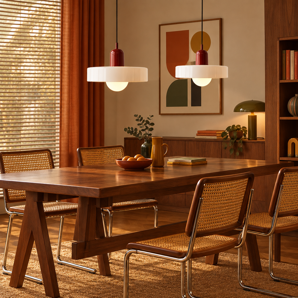 Two white disc pendant lights with red caps hang over a walnut dining table with cane chairs 1