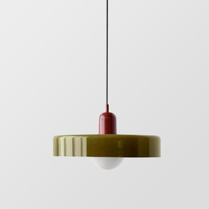 Wide olive glass disc pendant with a small burgundy cap and frosted globe bulb below 4
