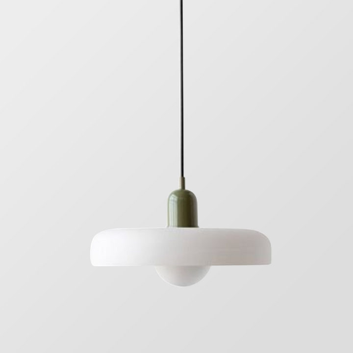 Wider white disc pendant with small olive green cap and thin black cord, shown against gray 43