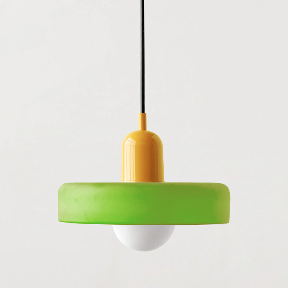 Lime green shade pendant with a yellow dome cap and black cord 57