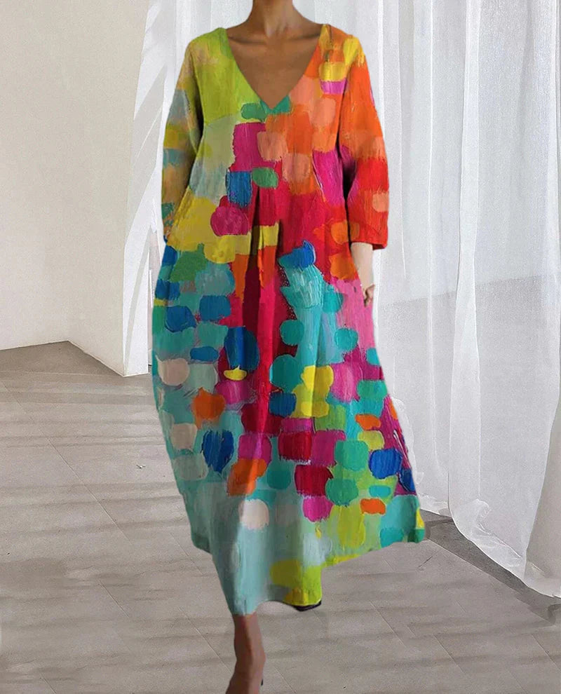 Colourful Printed Dress with V-Neck - Livia-S-Nora Luxe