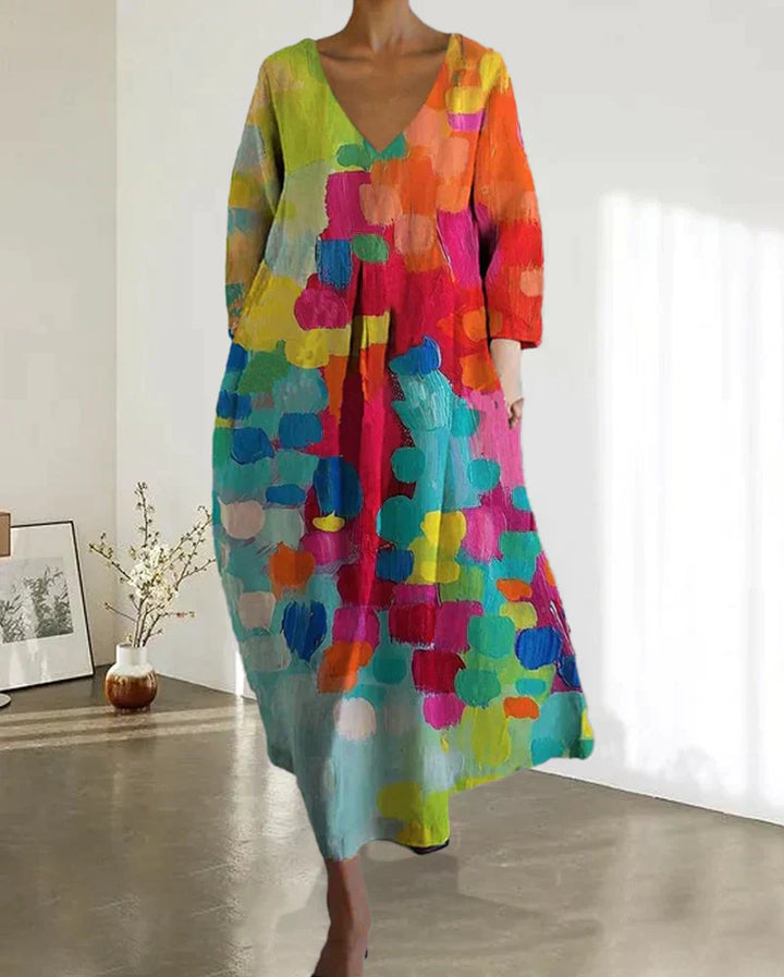 Colourful Printed Dress with V-Neck - Livia-S-Nora Luxe