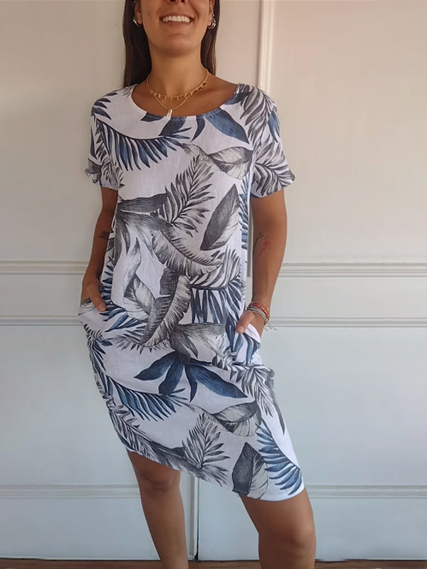 Comfortable dress with round neckline – Valentina-White Blue-S-Nora Luxe