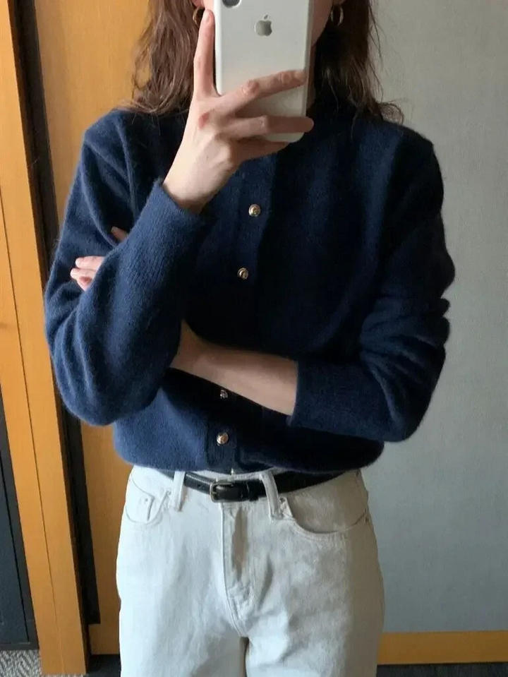 Comfortable Knitted Women's Cardigan with O-neck - Emilia-Dark Blue-S-Nora Luxe