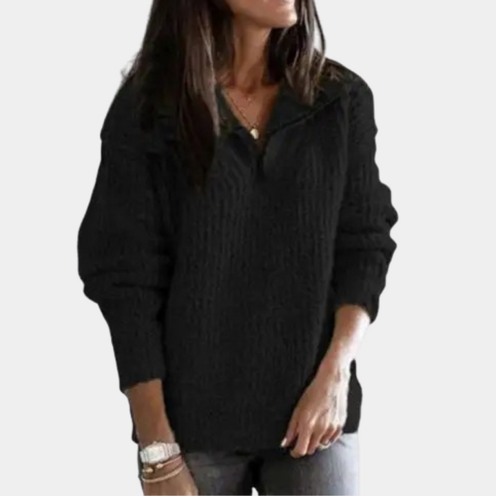 Comfortable Ladies' Sweater with Half Zip - Sofia-Black-XS-Nora Luxe