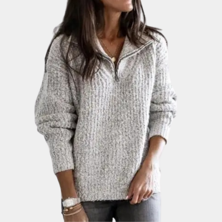 Comfortable Ladies' Sweater with Half Zip - Sofia-Gray-XS-Nora Luxe