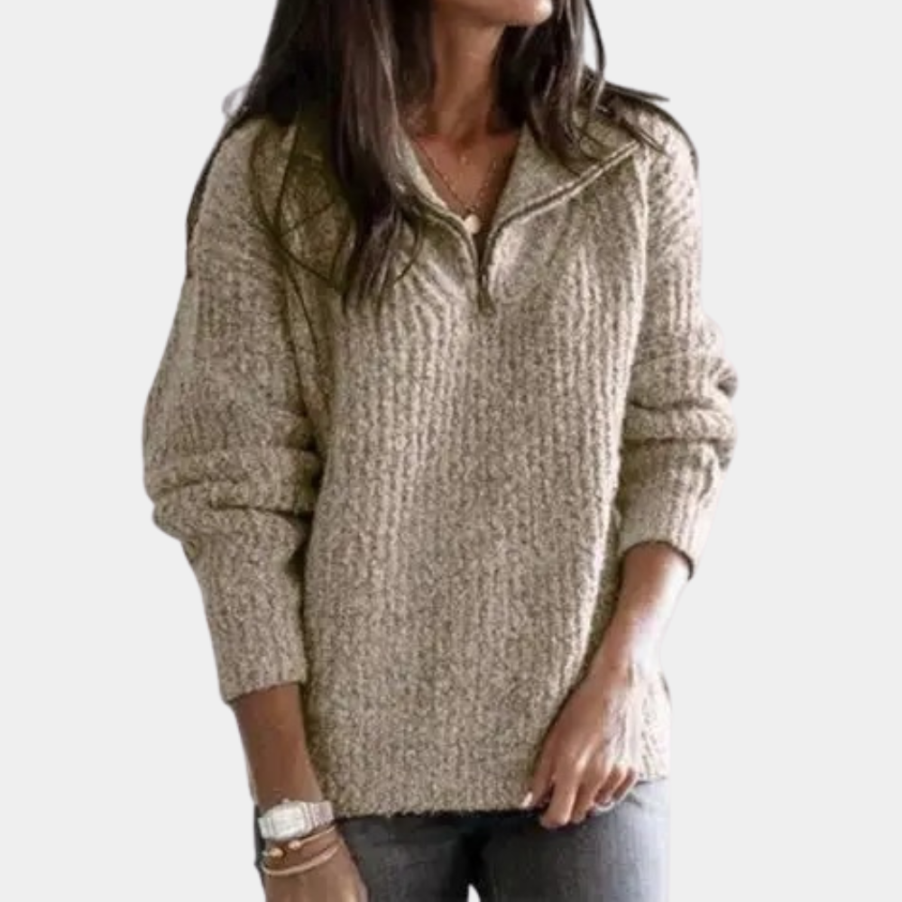 Comfortable Ladies' Sweater with Half Zip - Sofia-Khaki-XS-Nora Luxe