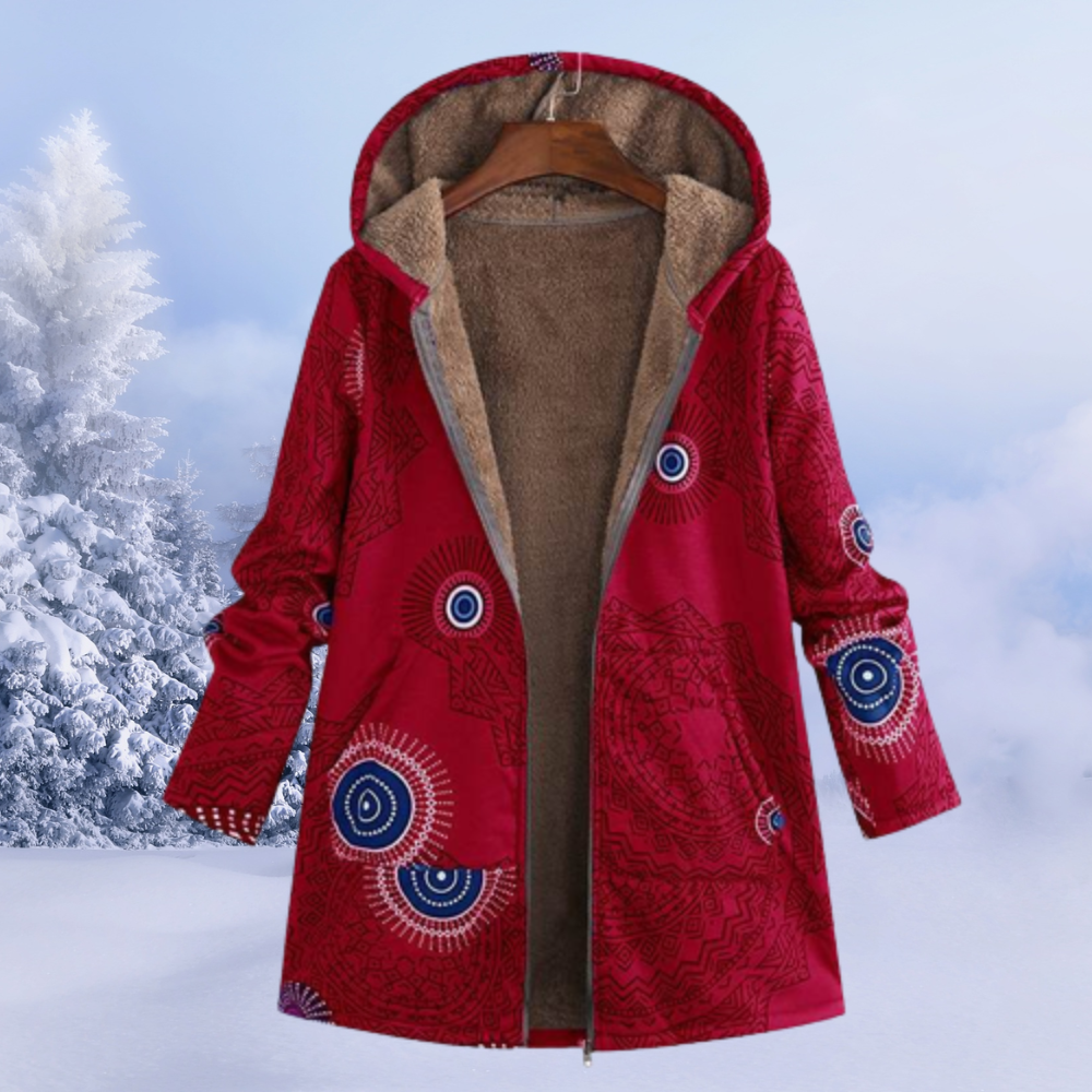 Comfortable Ladies Winter Coat with Floral Print - Ivy-Bordeaux Red-S-Nora Luxe
