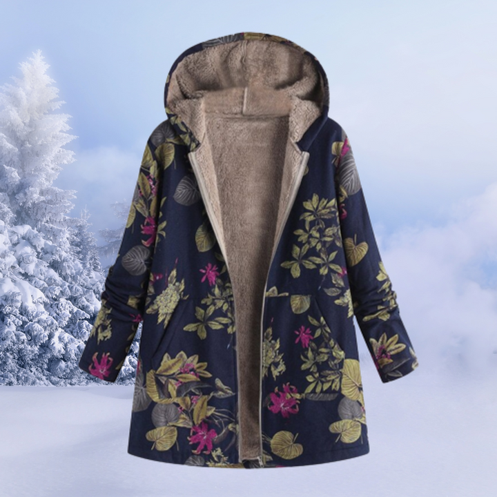 Comfortable Ladies Winter Coat with Floral Print - Ivy-Dark Blue-S-Nora Luxe