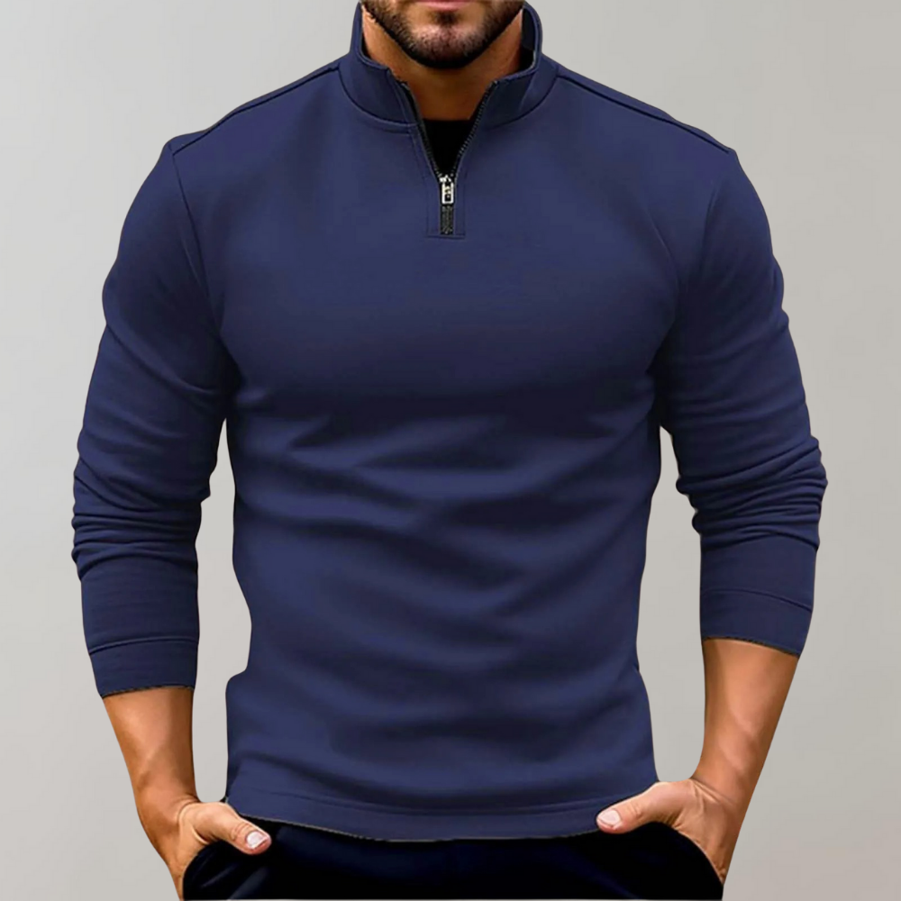 Comfortable Men's Sweater with Zip and Low Collar - Sven-Dark Blue-S-Nora Luxe