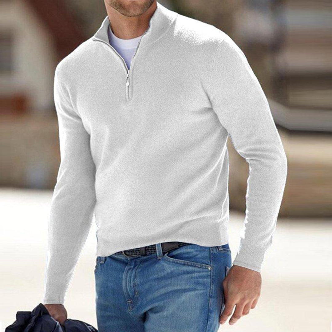 Comfortable Men's Sweater with Zip - Milo-White-S-Nora Luxe