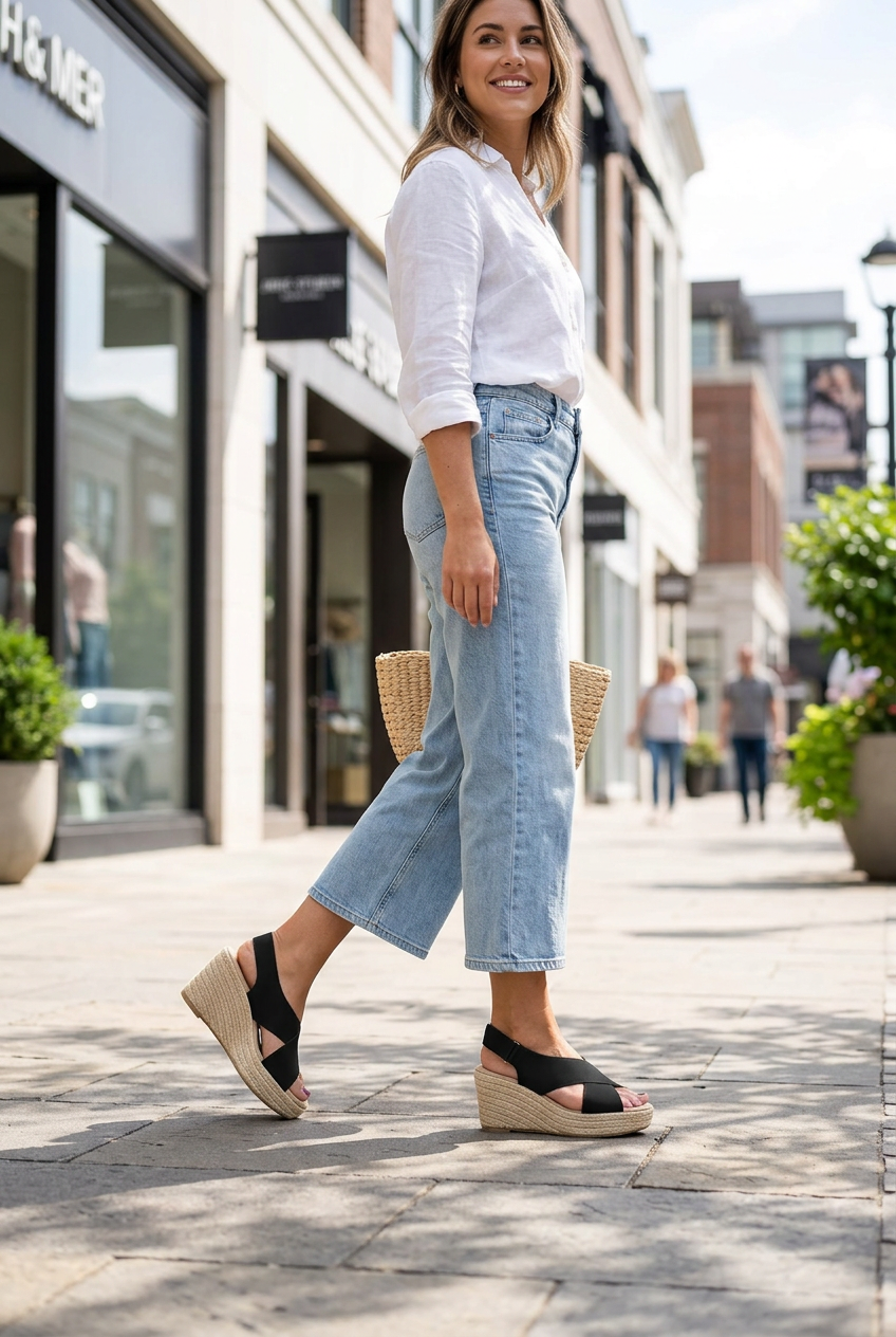 Smiling woman on a city sidewalk wearing black crisscross wedge espadrilles with light jeans and a white linen shirt 1