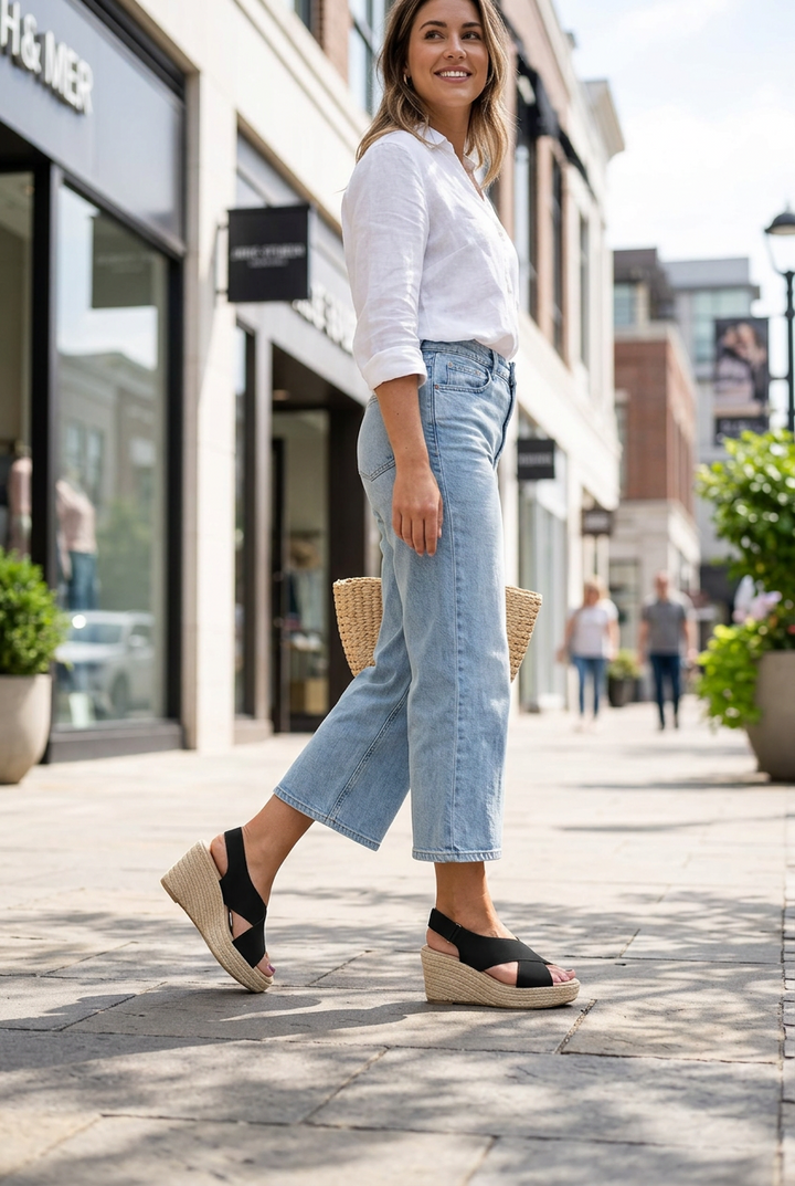 Smiling woman on a city sidewalk wearing black crisscross wedge espadrilles with light jeans and a white linen shirt 1