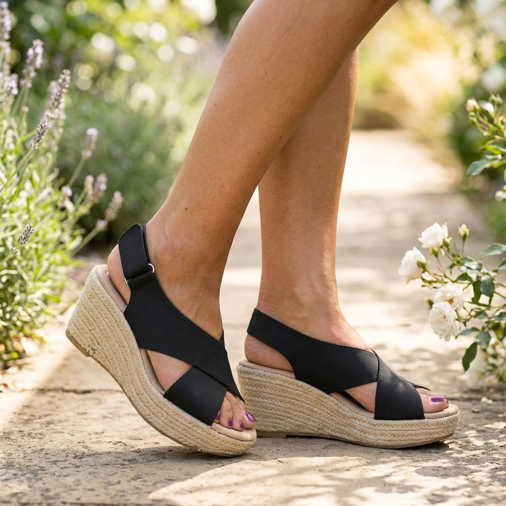 Black crisscross wedge sandals with jute soles worn outdoors on a garden path beside lavender and white roses 12