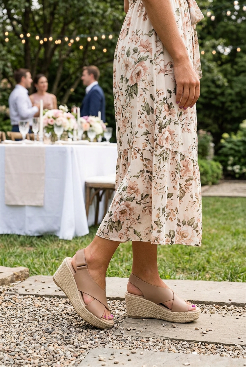 Woman in a floral midi dress wears tan crisscross wedge sandals at an outdoor garden party 1