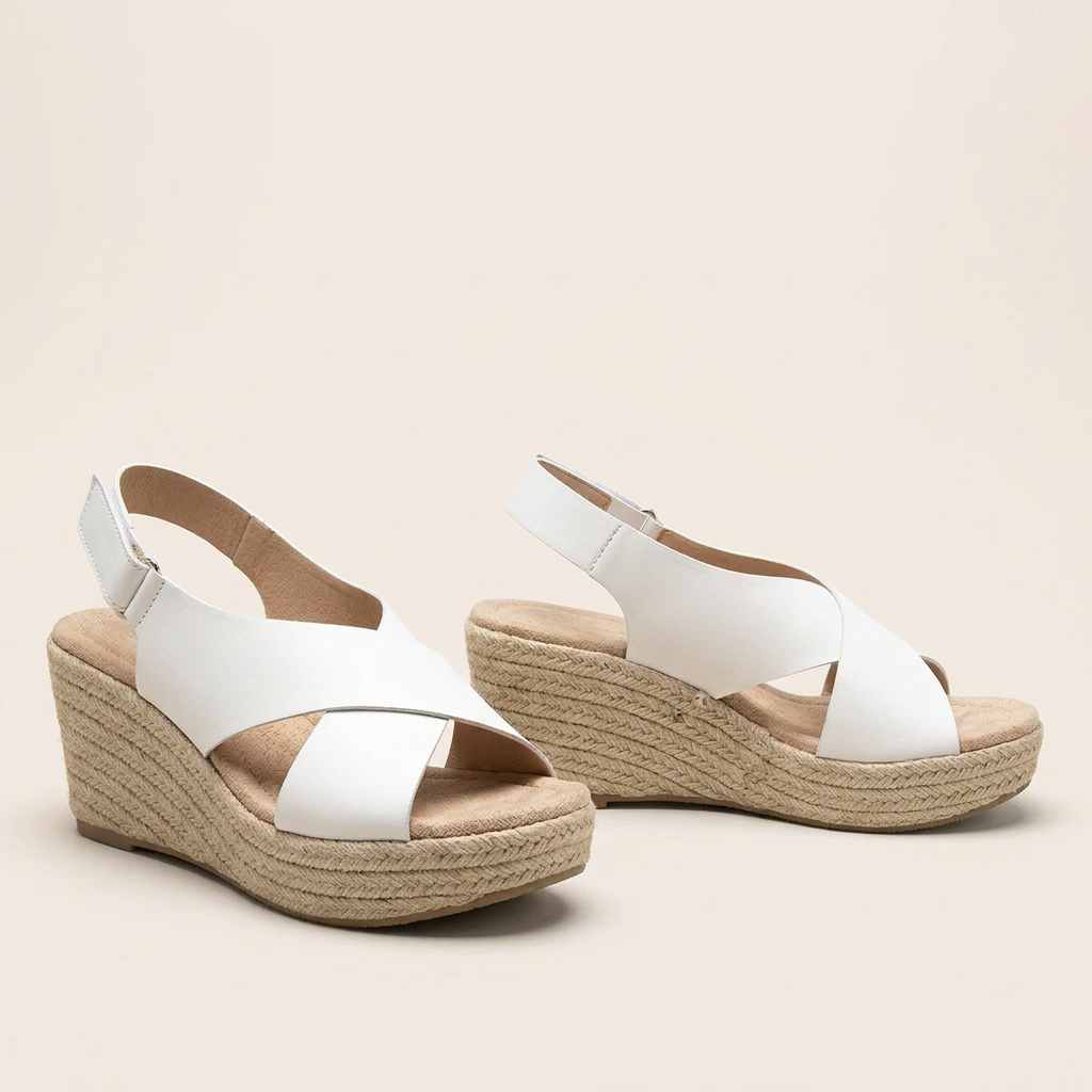 Pair of white crisscross wedge sandals with braided jute soles and padded footbeds on a cream background 15