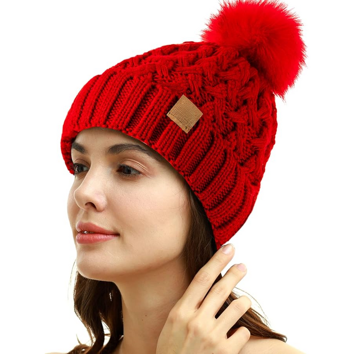 Comfortable Winter Pom Beanie - Yvonne-Red-Nora Luxe