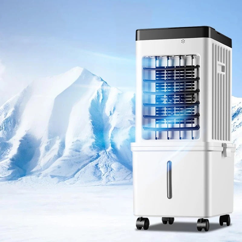 White tower air cooler with a black top and caster wheels, glowing blue vents, against a snowy mountain backdrop. 1