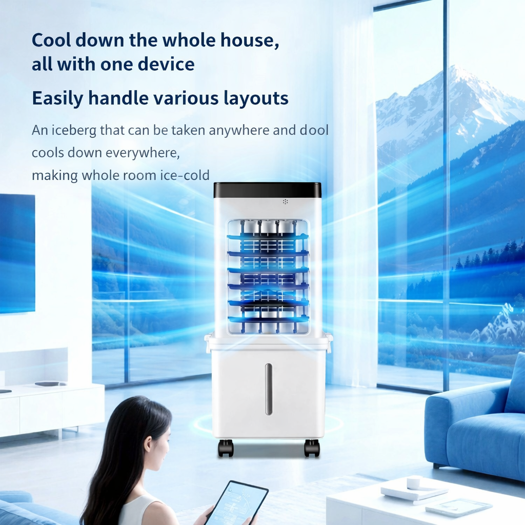 White tower air cooler in a bright living room with blue airflow lines and a woman using a tablet. 2
