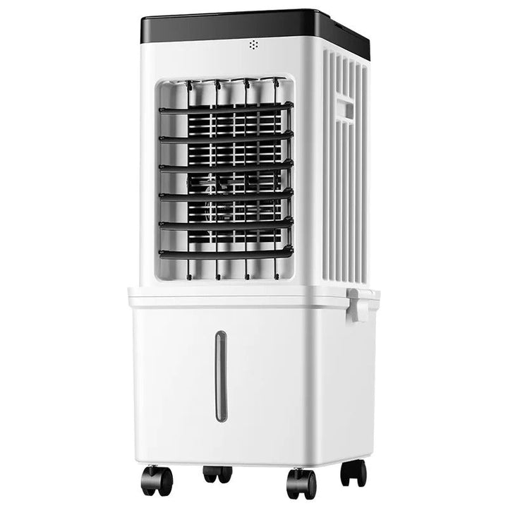 White tower air cooler on a plain white background, showing the front louvered vent, side slats, water tank window and four wheels. 3