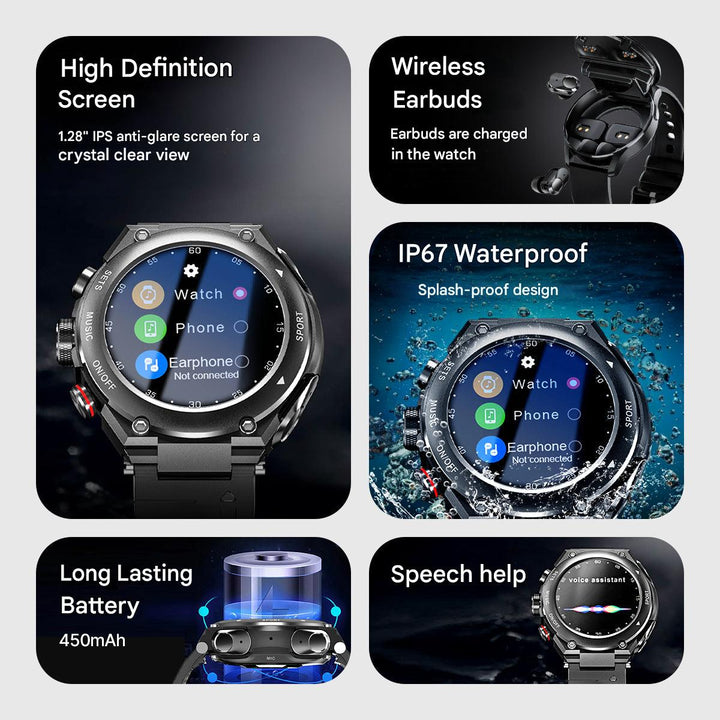 Complete Smartwatch with Integrated Wireless Earbuds - AlphaX-Black-Nora Luxe