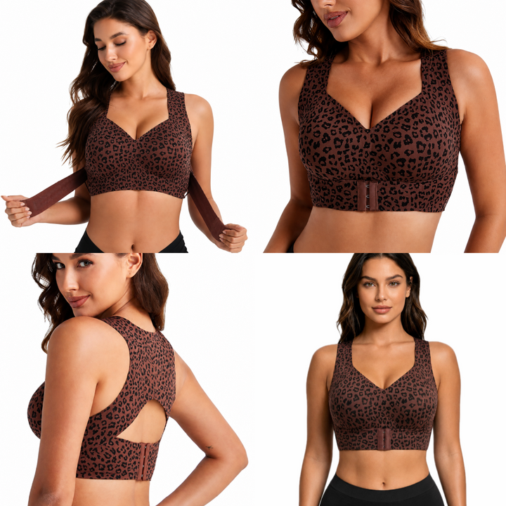 Four views of a model in a brown leopard-print bra: stretching the band, close-up of the front closure, back cutout, and front. 8