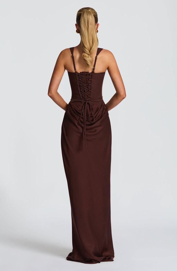 Indy Bodycon Maxi Dress in brown, back view with a lace-up back and adjustable straps.