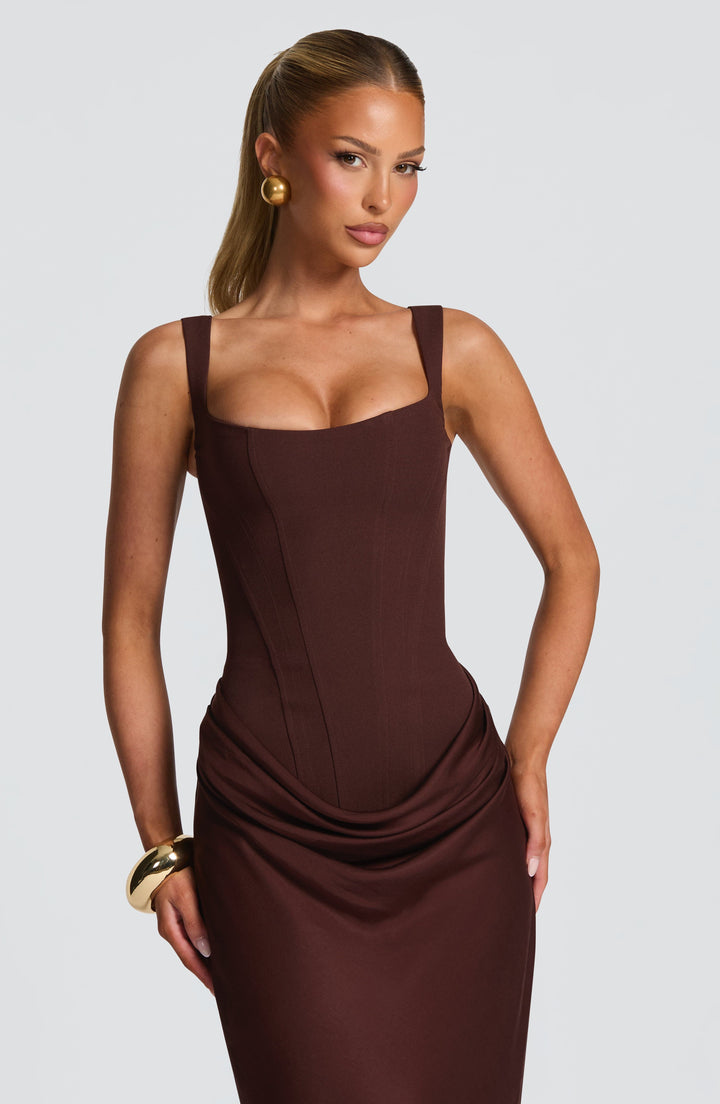 Indy Bodycon Maxi Dress in brown, detail of the corset bodice with seamed boning lines and wide straps.
